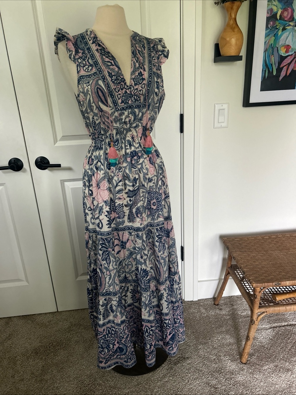 $450 Bell ALICIA BELL size L Block Print Maxi Dress Block Print silk cotton